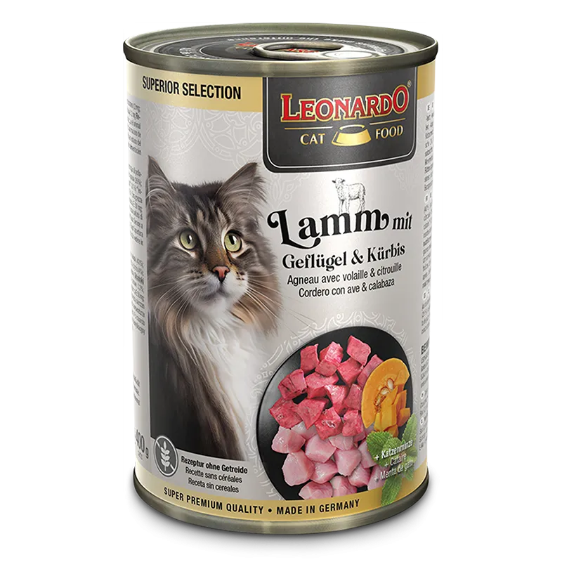 Leonardo Comida Húmeda Superior de Cordero con Ave y Calabaza para Gatos
